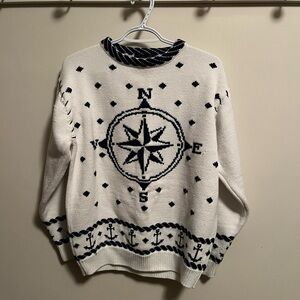 Eddie Bauer Nautical Compass Sweater Cotton knit Cream & Black Vintage Pull over